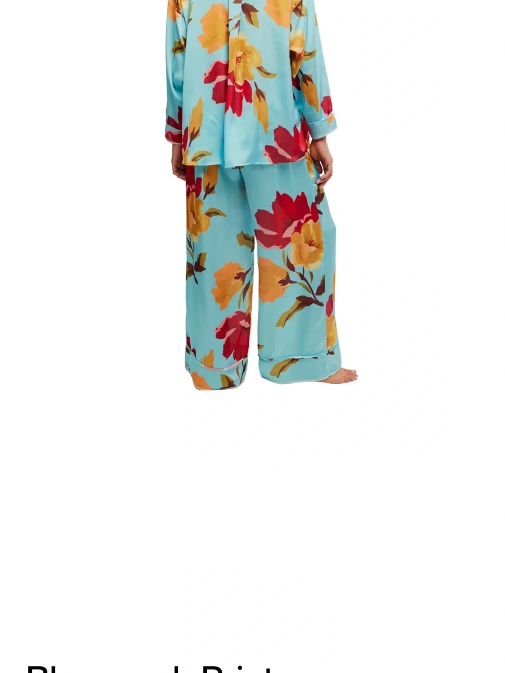 Free People Floral Satin Pajama Set in Aqua with Red & Yellow Blooms